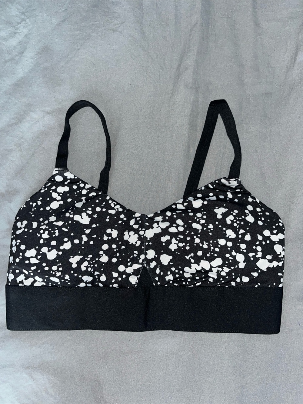 Fabletics Black & White Splatter Wireless Sports Bra with Cross Back